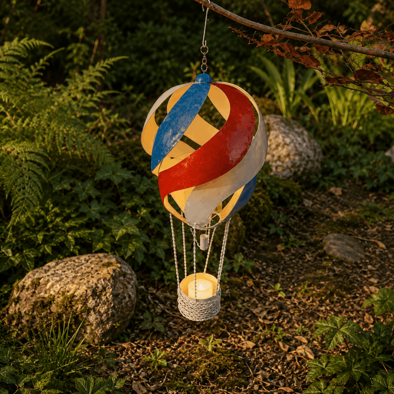 Lanterne montgolfière en métal à suspendre – Décoration de jardin tricolore 63 cm