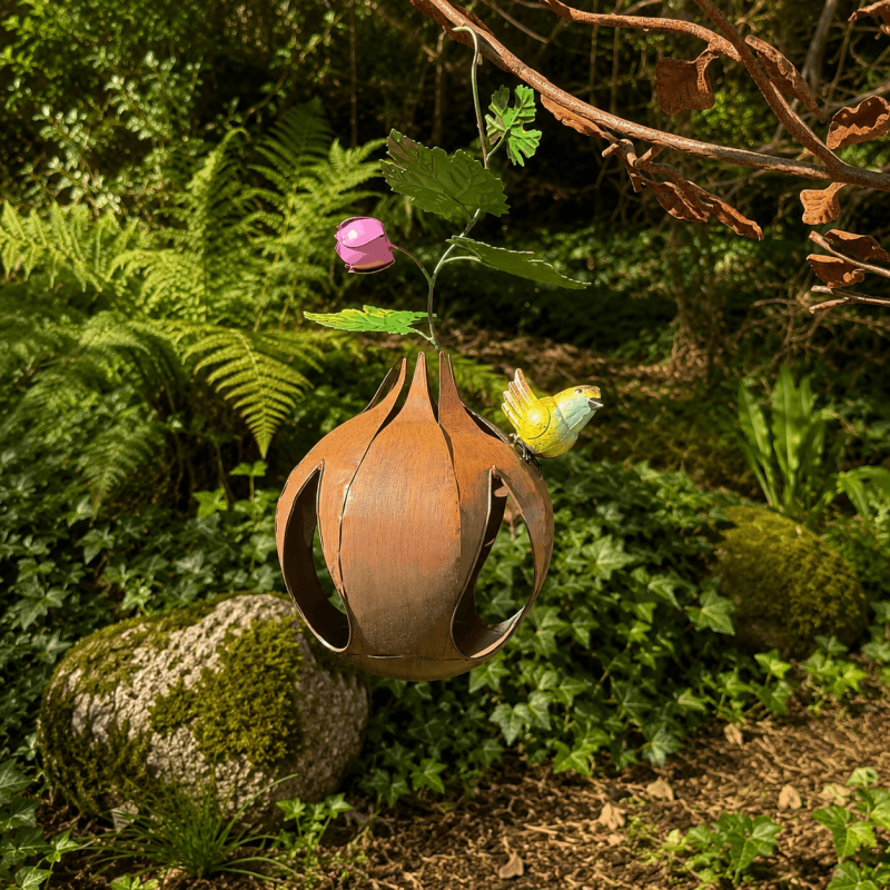 Mangeoire nichoir à oiseaux en métal en forme de gland à suspendre – H 46 cm