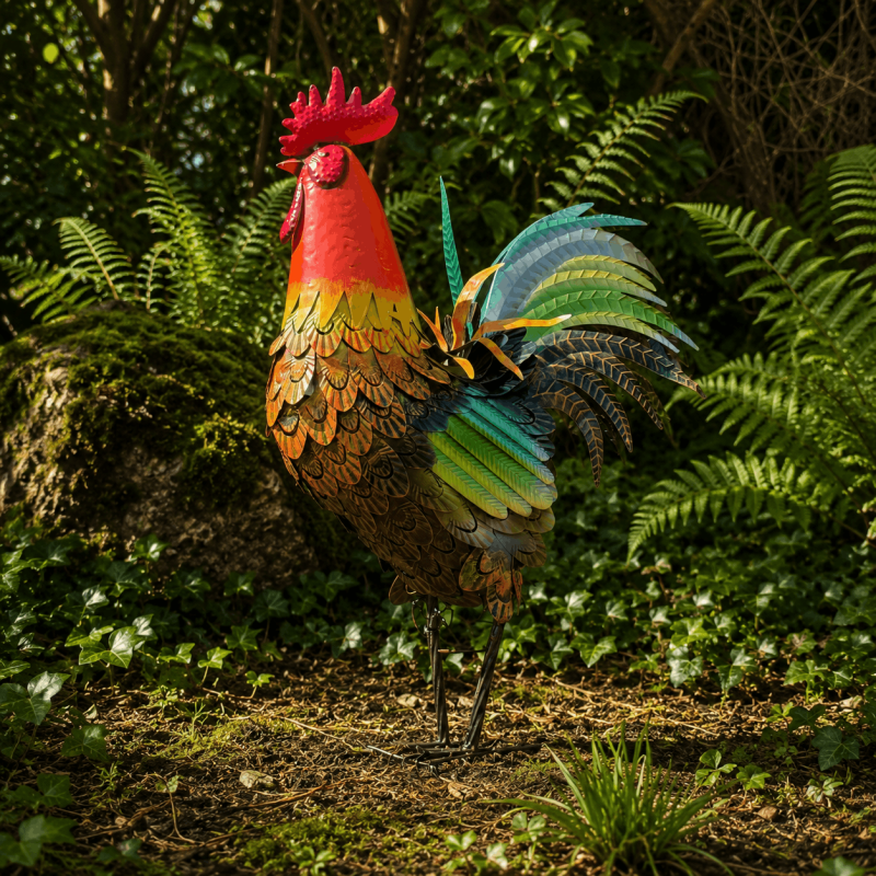 Sculpture coq en métal multicolore – Coq majestueux H 84 cm