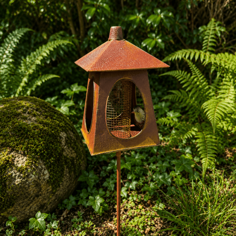 Mangeoire à oiseaux sur pic en métal façon lanterne – H 130 cm